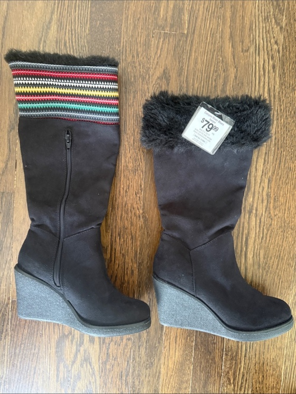 Canyon River Blues Harper Black Faux Fur 3.5” Wedge Boots - Women 7M NWT